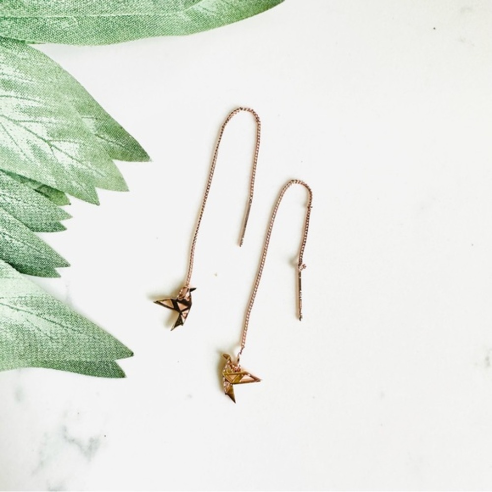 Origami Crane Bird Rose Gold Threader Earrings Delicate Long Chain Tassel - Picture 2 of 10